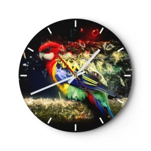 Horloge murale - Pendule murale - Un perroquet coloré sur un fond abstrait dynamique avec des éléments géométriques. - 30x30cm - Messager d'éclat - Décoration murale moderne pour le salon, la cuisine et la chambre ARTTOR
