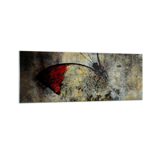 Impression sur verre - Image sur verre - Un papillon dans les tons de rouge et de gris sur un fond texturé - 140x50cm - Regarde avant que je disparaisse - Décoration murale moderne pour le salon et la chambre ARTTOR