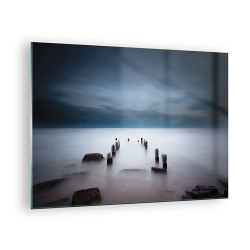 Impression sur verre - Image sur verre - Paysage balnéaire atmosphérique avec pilotis en bois - 70x50cm - Lac pensif - Décoration murale moderne pour le salon et la chambre ARTTOR