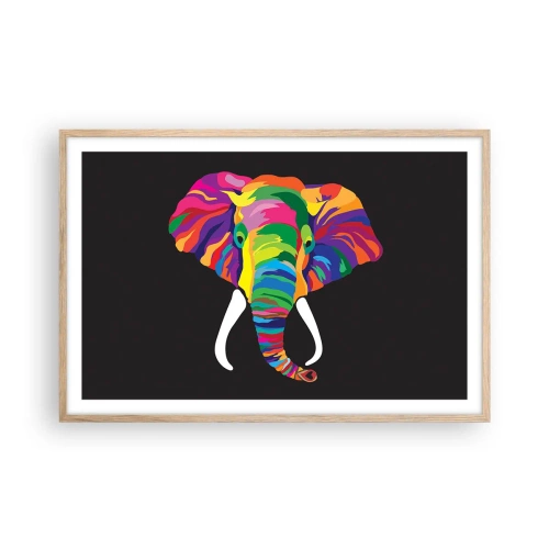 Affiche dans un chêne clair - Poster - L'éléphant qui aimait se baigner dans un arc-en-ciel - 91x61 cm