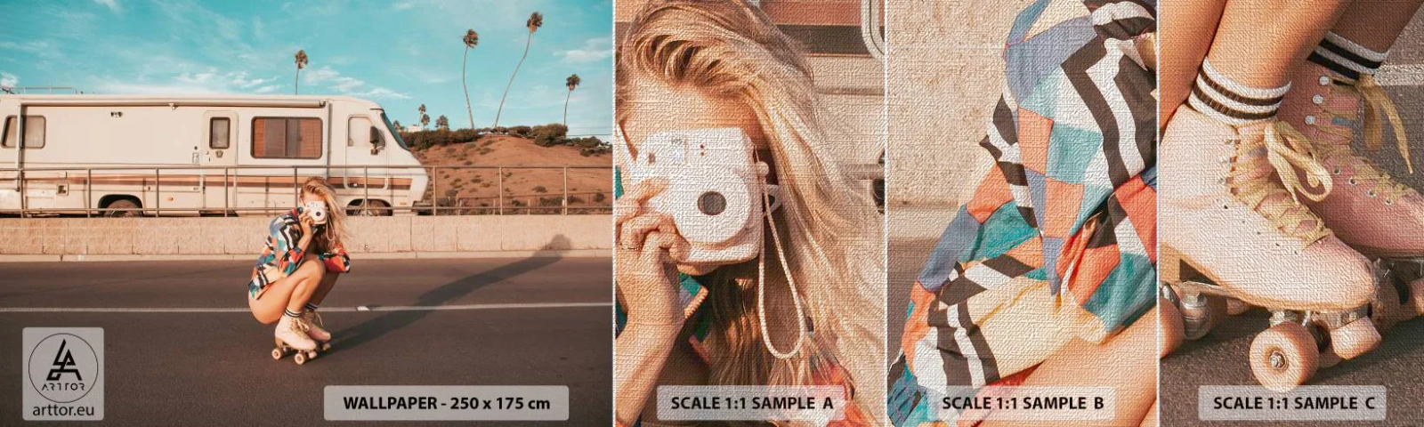 Échantillon de Papier Peint Premium Canvas - Souriez s'il-vous-plait! - Paysage, Campeur, Femme - 100x30 cm