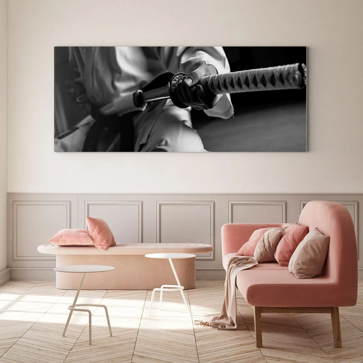 Impression sur verre - Image sur verre - Un samouraï en kimono tenant un katana en noir et blanc. - 120x50cm - Âme de guerrier - Décoration murale moderne pour le salon et la chambre ARTTOR