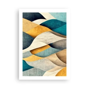 Affiche - Poster - Une composition abstraite de formes ondulées aux couleurs dorées et bleues. - 50x70cm - Rythme et vague - Décoration murale moderne pour le salon et la chambre ARTTOR