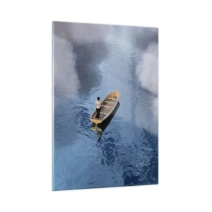 Impression sur verre - Image sur verre - Un homme dans un bateau naviguant sur l'eau parmi les nuages - 50x70cm - Vie – voyage – inconnu - Décoration murale moderne pour le salon et la chambre ARTTOR