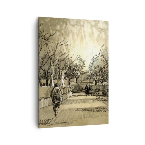 Impression sur toile - Image sur toile - Une scène de dessin animé d'un parc avec des gens marchant dans des tons chauds. - 50x70cm - Un moment arrêté avec une plume - Décoration murale moderne pour le salon et la chambre ARTTOR