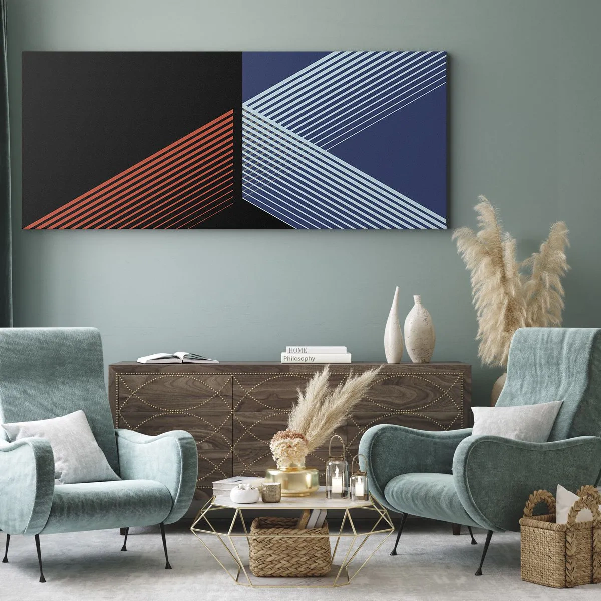 Impression sur toile - Image sur toile - Lignes géométriques dans les tons de rouge et de bleu - 120x50cm - Histoire simple - Décoration murale moderne pour le salon et la chambre ARTTOR