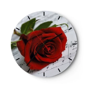 Horloge murale - Pendule murale - Une rose rouge sur un fond de notes de musique - 30x30cm - Musique des sentiments en écarlate - Décoration murale moderne pour le salon, la cuisine et la chambre ARTTOR
