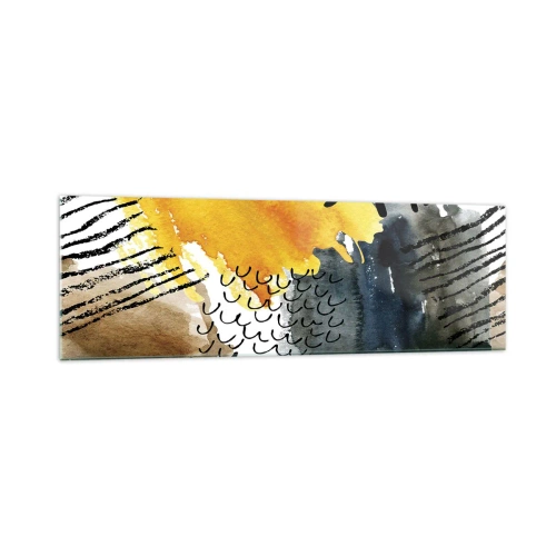 Impression sur verre - Image sur verre - Une composition abstraite avec des accents jaunes et des motifs graphiques. - 160x50cm - Rencontre des éléments - Décoration murale moderne pour le salon et la chambre ARTTOR