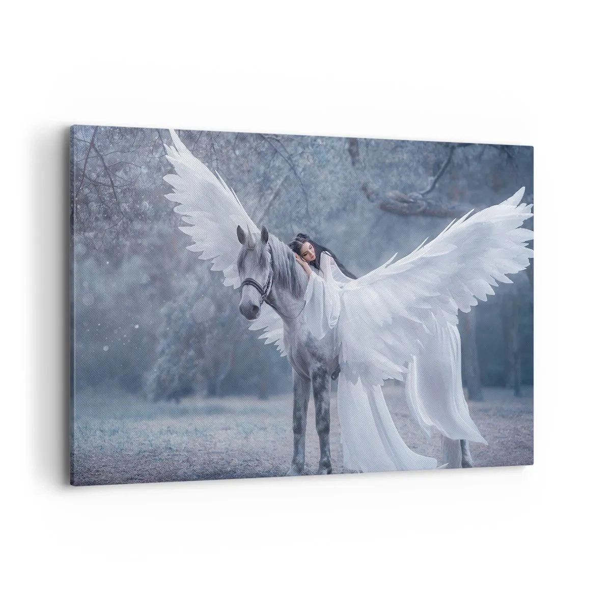 Impression sur toile - Image sur toile - Une femme sur un cheval blanc avec des ailes dans une forêt magique - 100x70cm - Un moment inspiré - Décoration murale moderne pour le salon et la chambre ARTTOR