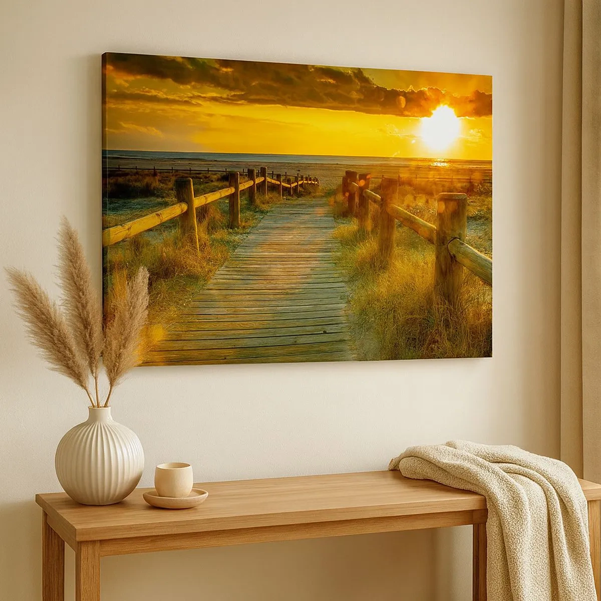 Impression sur toile - Image sur toile - Un chemin en bois menant à la plage à la lueur du soleil couchant - 70x50cm - Baigné dans le vieil or - Décoration murale moderne pour le salon et la chambre ARTTOR