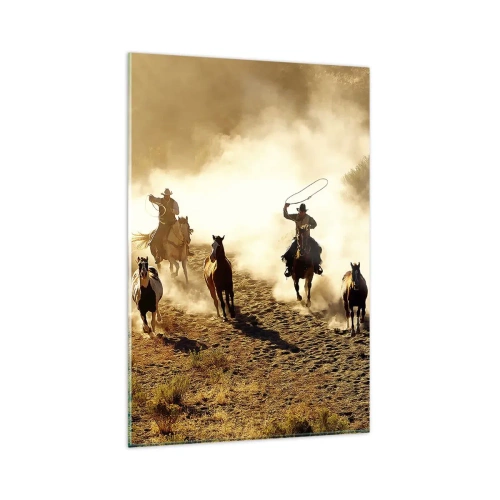 Impression sur verre - Image sur verre - Cowboys à cheval en action sur un terrain désertique - 80x120cm - L'ouest vraiment sauvage - Décoration murale moderne pour le salon et la chambre ARTTOR