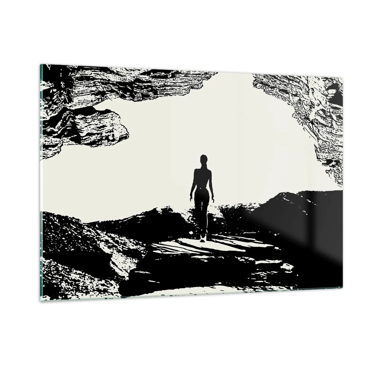 Impression sur verre - Image sur verre - Silhouette d'une femme sortant d'une grotte en graphisme noir et blanc - 120x80cm - Nouveau look - Décoration murale moderne pour le salon et la chambre ARTTOR