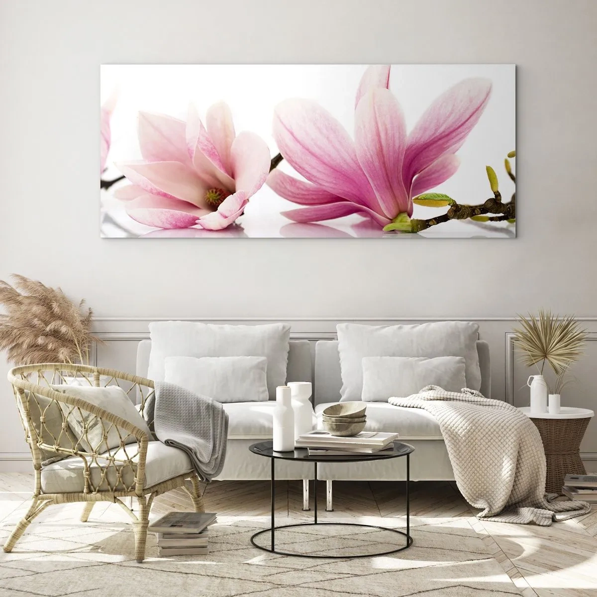 Impression sur verre - Image sur verre - Magnolias roses délicats sur fond blanc - 140x50cm - Délicat comme une brise de printemps - Décoration murale moderne pour le salon et la chambre ARTTOR