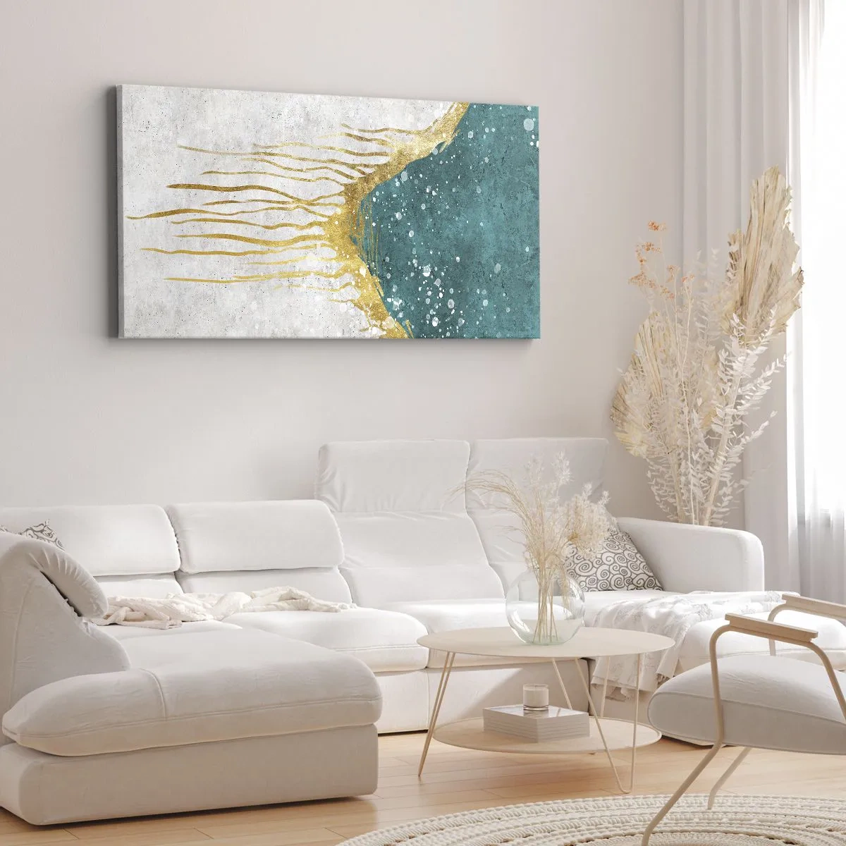 Impression sur toile - Image sur toile - Une composition abstraite dans des tons d'or et de turquoise - 120x50cm - Marée dorée - Décoration murale moderne pour le salon et la chambre ARTTOR