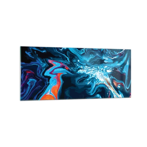 Impression sur verre - Image sur verre - Un motif abstrait dans des tons de bleu avec des accents orange. - 120x50cm - Voyage au centre du ciel - Décoration murale moderne pour le salon et la chambre ARTTOR