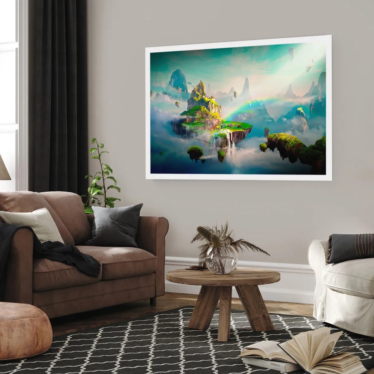 Affiche - Poster - Des îles volantes parmi les nuages avec un arc-en-ciel à l'horizon - 100x70cm - Au milieu des cieux - îles du bonheur - Décoration murale moderne pour le salon et la chambre ARTTOR