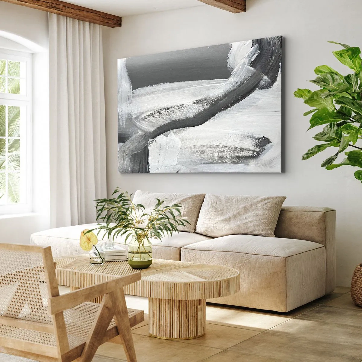 Impression sur toile - Image sur toile - Abstraction grise et blanche avec des lignes dynamiques - 70x50cm - Un geste décisif - Décoration murale moderne pour le salon et la chambre ARTTOR