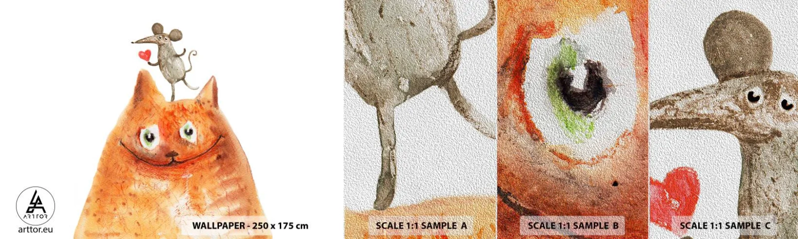 Échantillon de Papier Peint Premium Sand - Amour paradoxal - Pour les enfants, Souris, Chat - 100x30 cm