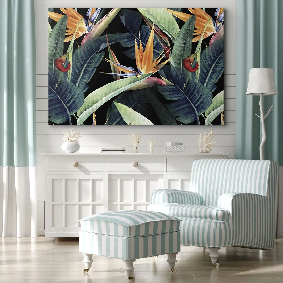 Impression sur toile - Image sur toile - Fleurs et feuilles tropicales sur fond noir - 100x70cm - Fleurs flamboyantes des tropiques - Décoration murale moderne pour le salon et la chambre ARTTOR
