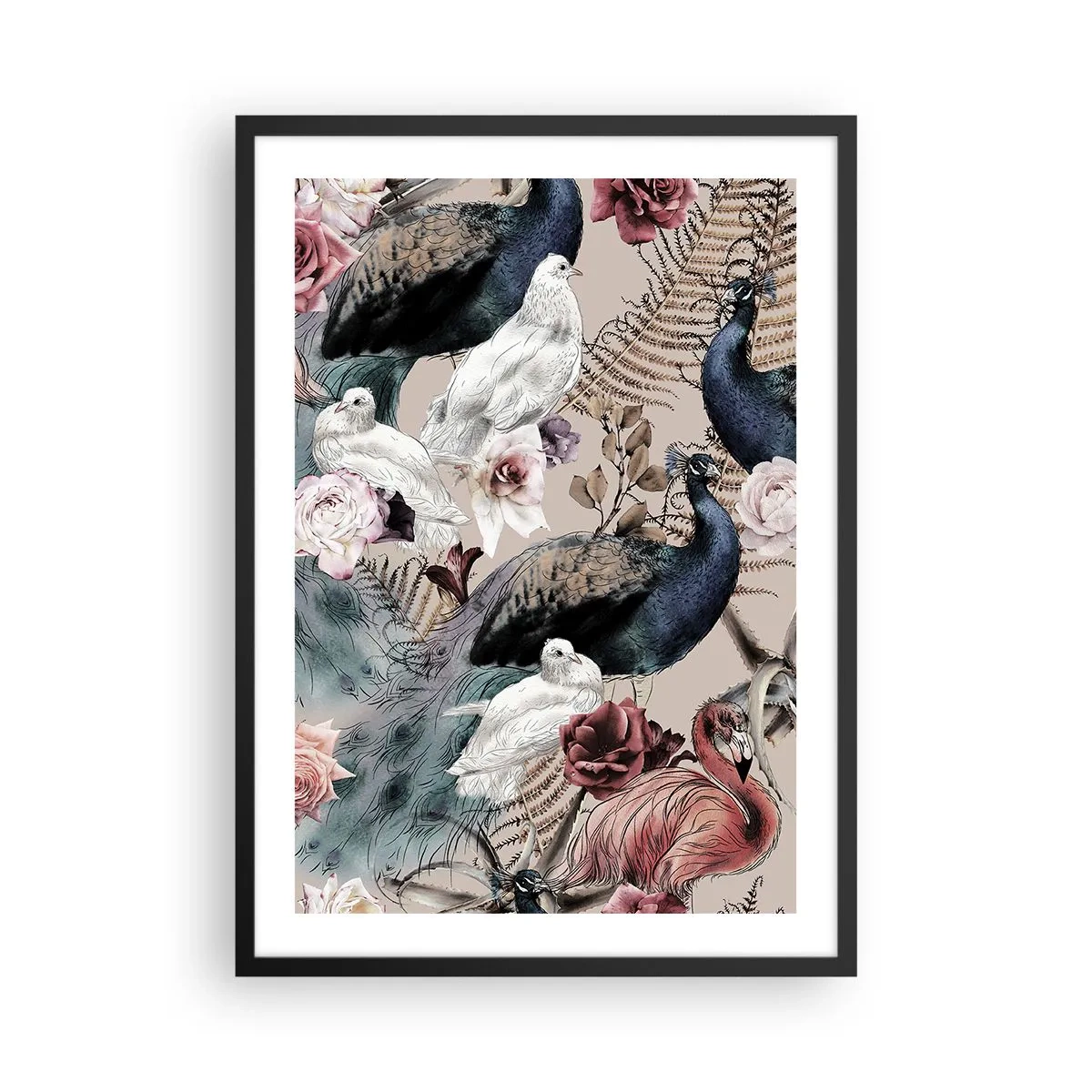 Affiche dans un cadre noir - Poster - Oiseaux et fleurs colorés sur fond beige - 50x70cm - Dans un jardin de palace - Décoration murale moderne pour le salon et la chambre ARTTOR