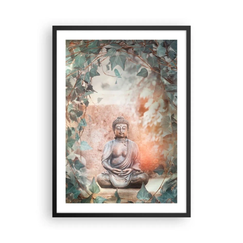 Affiche dans un cadre noir - Poster - Une statue de Bouddha entourée de lierre dans une aura méditative - 50x70cm - Harmonie joyeuse - Décoration murale moderne pour le salon et la chambre ARTTOR