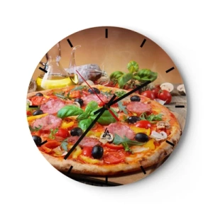 Horloge murale - Pendule murale - Pizza appétissante avec garnitures sur une table en bois - 30x30cm - Avec une vraie saveur italienne - Décoration murale moderne pour le salon, la cuisine et la chambre ARTTOR