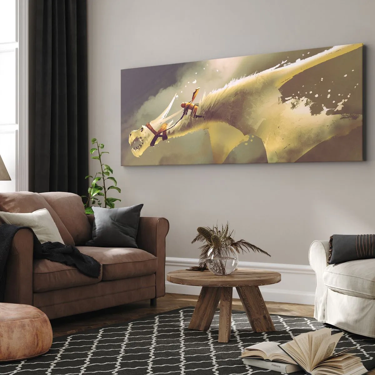Impression sur toile - Image sur toile - Illustration d'un cavalier de dragon dans un paysage nuageux fantastique - 120x50cm - Le monde à la rescousse - Décoration murale moderne pour le salon et la chambre ARTTOR