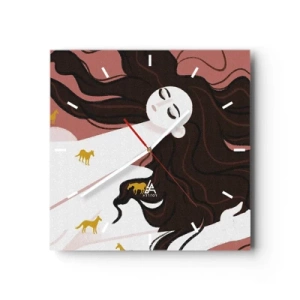 Horloge murale - Pendule murale - Une silhouette aux yeux fermés entourée de chevaux dorés - 30x30cm - Rêve d'un cheval d'or - Décoration murale moderne pour le salon et la chambre ARTTOR