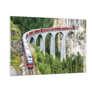 Impression sur verre - Image sur verre - Un train avec un pont de montagne en arrière-plan parmi des paysages verdoyants - 120x80cm - Chemin de fer avec vue sur la montagne - Décoration murale moderne pour le salon et la chambre ARTTOR