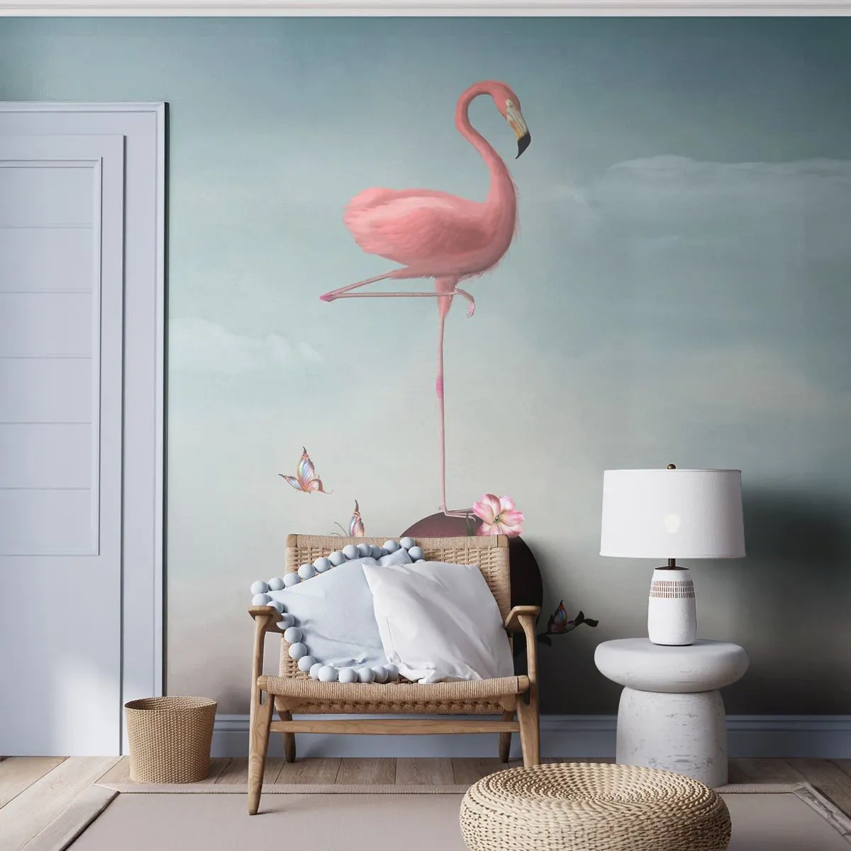 Papier Peint Photo Premium Canvas - Un flamant rose en équilibre sur une boule de fleurs - 100x70cm - Allégorie du basket-ball - Décoration murale moderne pour le salon et la chambre ARTTOR