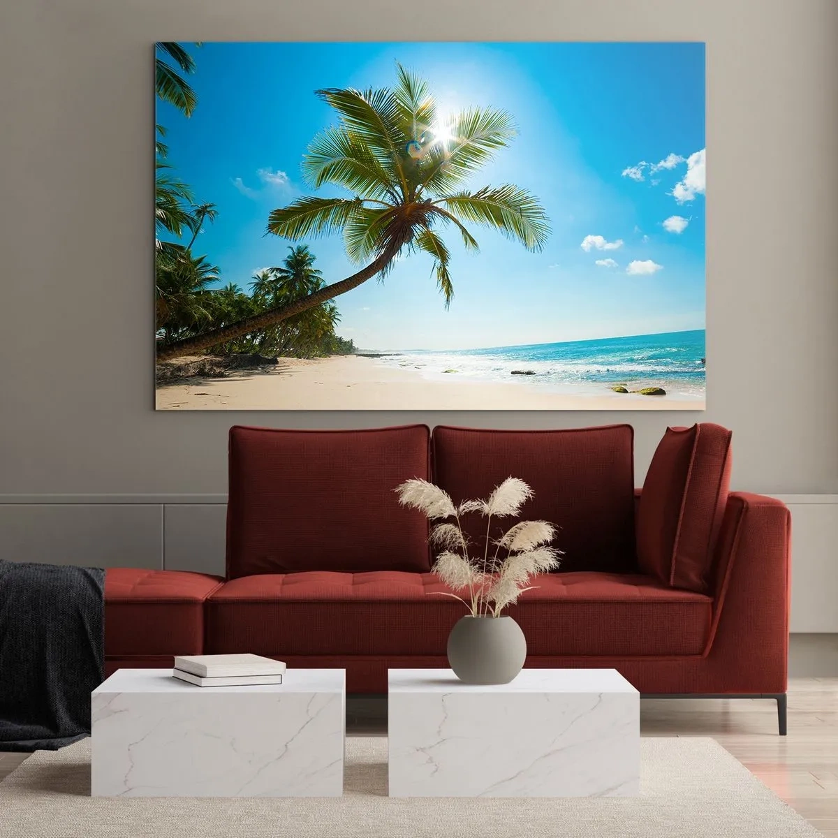 Impression sur verre - Image sur verre - Plage tropicale avec palmiers et ciel bleu - 100x70cm - Ne rien montrer à personne - Décoration murale moderne pour le salon et la chambre ARTTOR