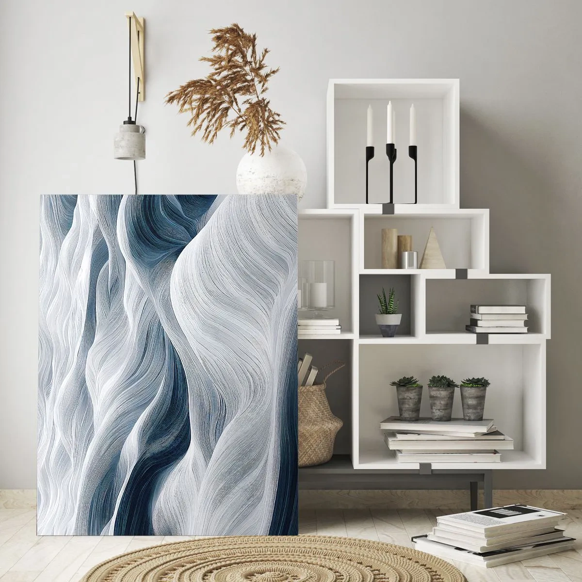 Impression sur verre - Image sur verre - Lignes ondulées dans des tons de bleu et de blanc - 80x120cm - Vagues blanches et bleues - Décoration murale moderne pour le salon et la chambre ARTTOR