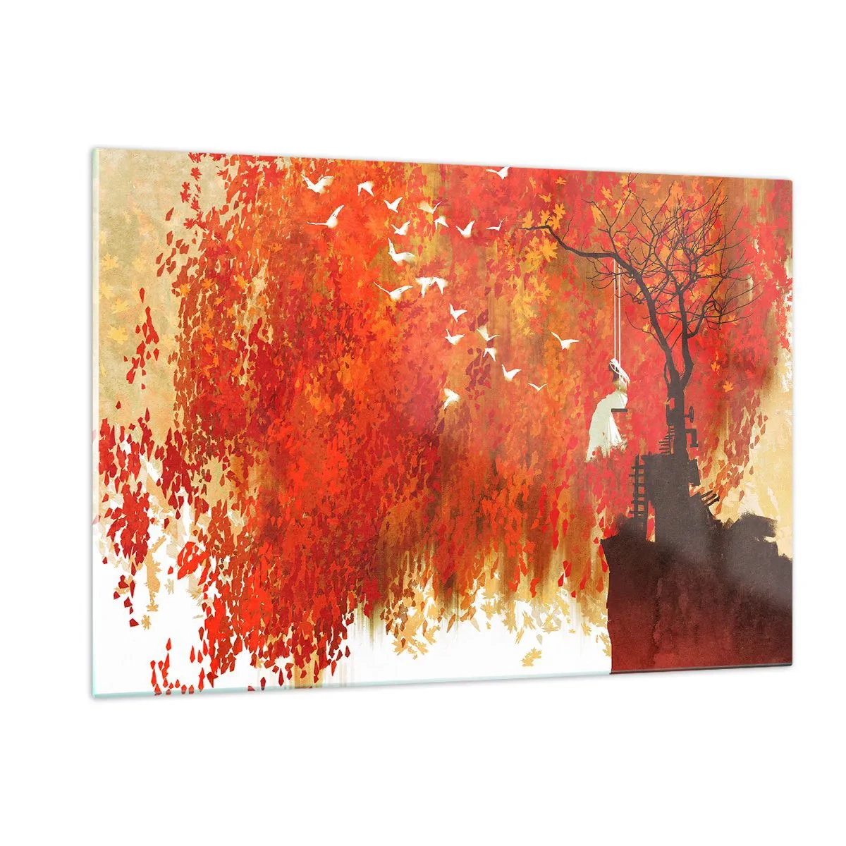 Impression sur verre - Image sur verre - Des feuilles rouges, un arbre solitaire et des oiseaux dans une scène d'automne - 120x80cm - S'envolera-t-il avec eux ? - Décoration murale moderne pour le salon et la chambre ARTTOR