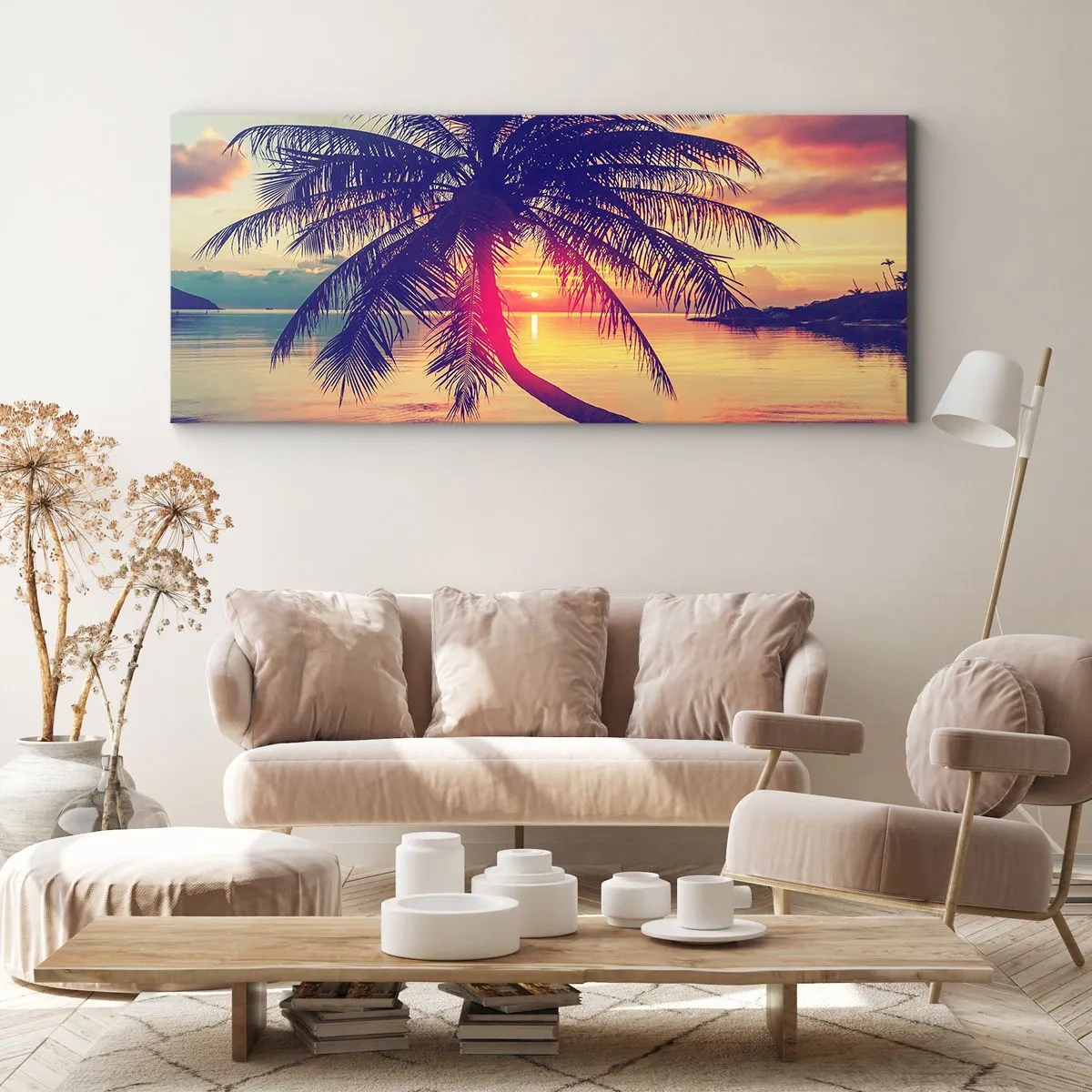Impression sur toile - Image sur toile - Coucher de soleil avec un palmier sur un rivage tranquille - 140x50cm - Soirée sous les palmiers - Décoration murale moderne pour le salon et la chambre ARTTOR