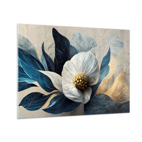 Impression sur verre - Image sur verre - Une composition florale blanche avec des feuilles bleu marine et un centre doré - 70x50cm - Il a un coeur d'or - Décoration murale moderne pour le salon et la chambre ARTTOR