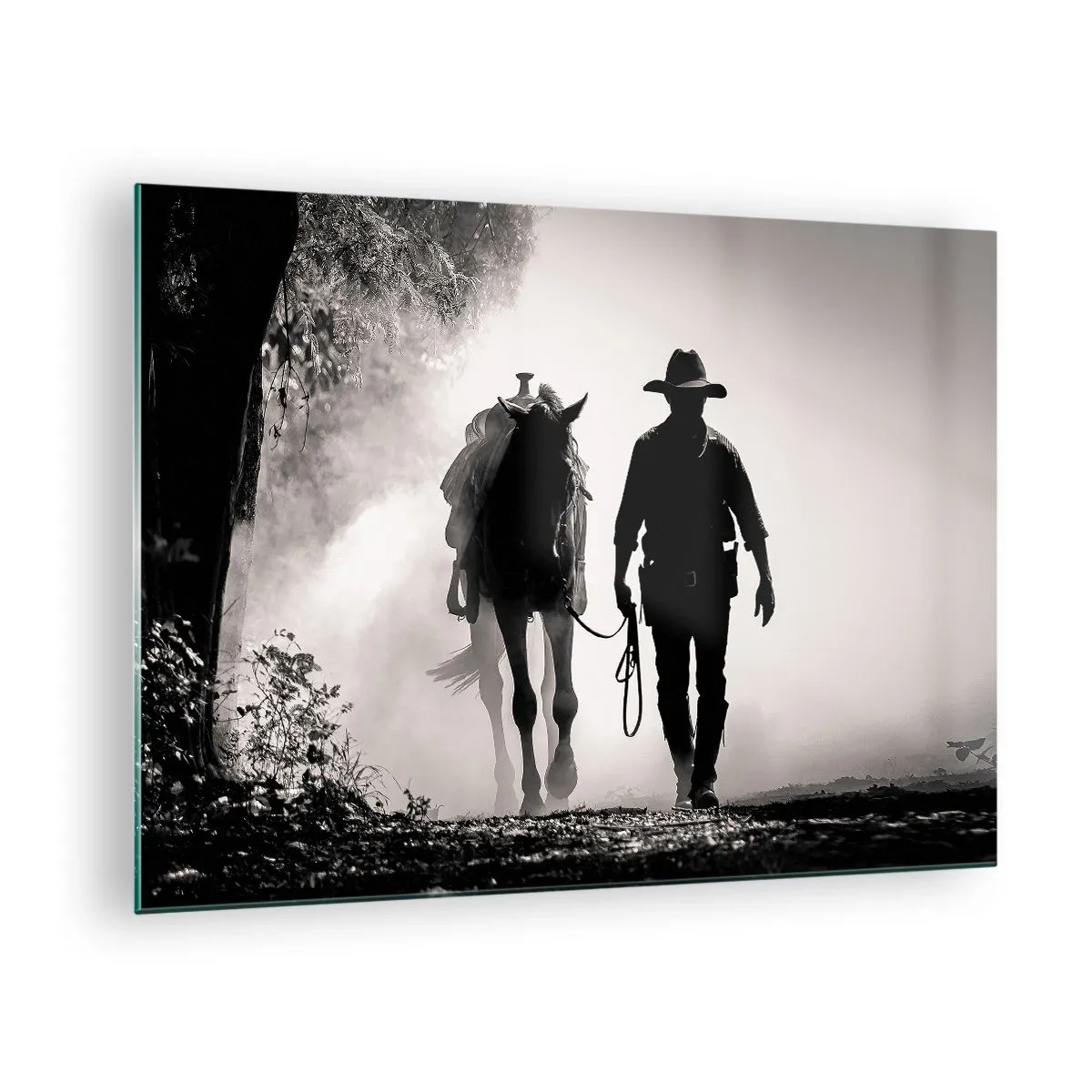 Impression sur verre - Image sur verre - Silhouette d'un cow-boy conduisant un cheval à travers un paysage brumeux - 70x50cm - Matinée texane - Décoration murale moderne pour le salon et la chambre ARTTOR