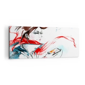 Impression sur toile - Image sur toile - Une femme portant un foulard rouge avec des traits d'aquarelle dynamiques - 120x50cm - Quelque chose se passe en moi - Décoration murale moderne pour le salon et la chambre ARTTOR