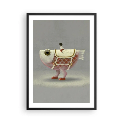 Affiche dans un cadre noir - Poster - Un poisson fantastique avec une selle et une silhouette sur fond gris - 50x70cm - Le cavalier poisson - Décoration murale moderne pour le salon et la chambre ARTTOR