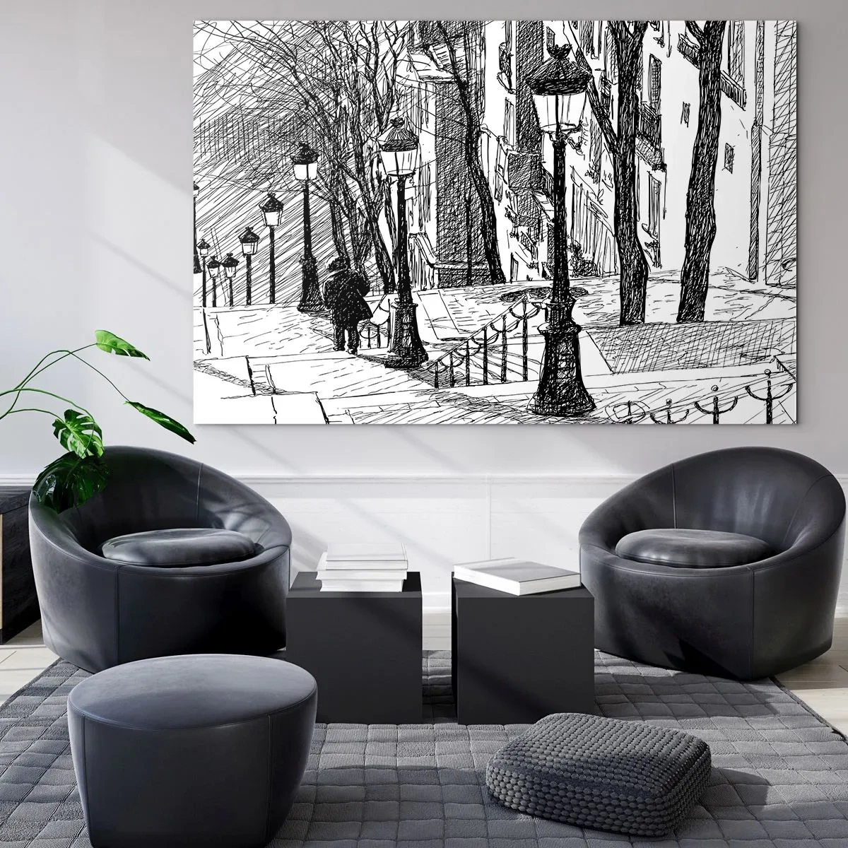 Impression sur verre - Image sur verre - Dessin en noir et blanc d'une rue de la ville avec des lanternes - 100x70cm - Une histoire d'amour ou une histoire d'horreur ? - Décoration murale moderne pour le salon et la chambre ARTTOR