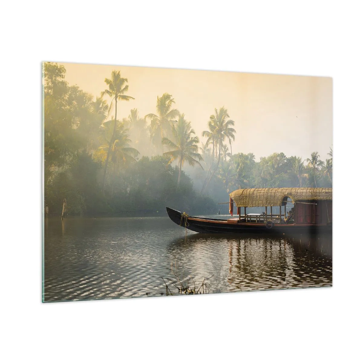 Impression sur verre - Image sur verre - Un bateau sur une rivière calme entourée de palmiers le matin - 100x70cm - Maison sur la rivière - Décoration murale moderne pour le salon et la chambre ARTTOR