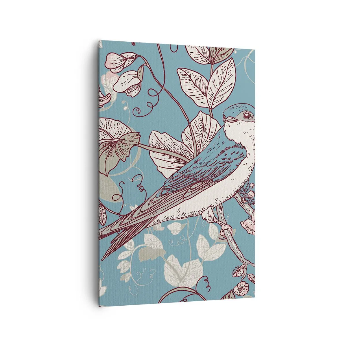 Impression sur toile - Image sur toile - Un oiseau sur une branche dans un style floral délicat - 80x120cm - Dans le bois blanc du rouge et de l'argent - Décoration murale moderne pour le salon et la chambre ARTTOR