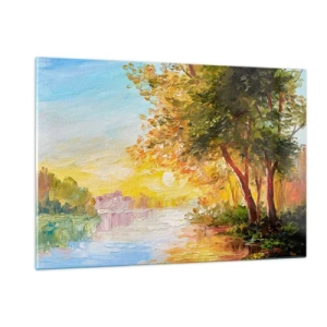 Impression sur verre - Image sur verre - Lac avec des arbres au coucher du soleil - 120x80cm - Et in Arcadia ego - Décoration murale moderne pour le salon et la chambre ARTTOR
