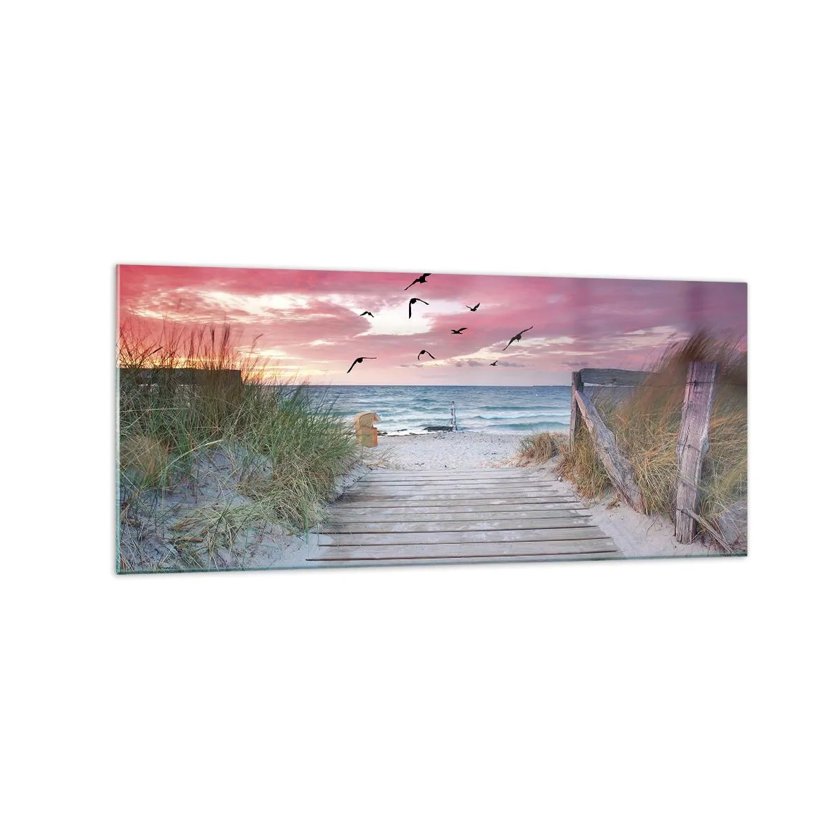 Impression sur verre - Image sur verre - Chemin en bois sur la plage au coucher du soleil rose - 120x50cm - Impression de la Baltique - Décoration murale moderne pour le salon et la chambre ARTTOR