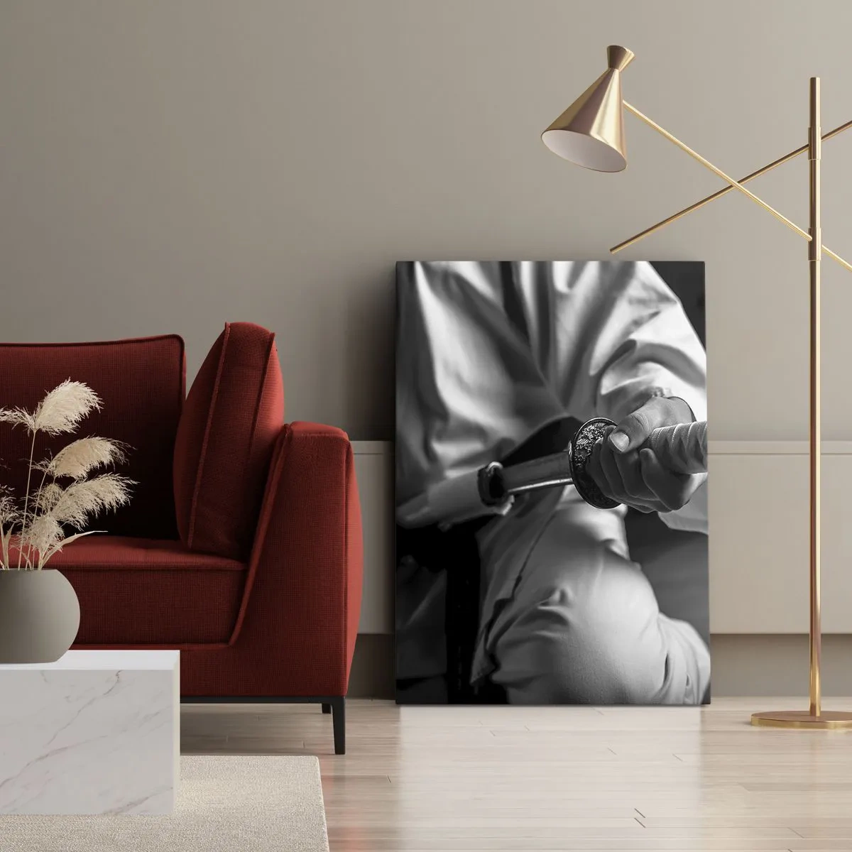 Impression sur toile - Image sur toile - Un samouraï en kimono tenant un katana en noir et blanc. - 70x100cm - Âme de guerrier - Décoration murale moderne pour le salon et la chambre ARTTOR