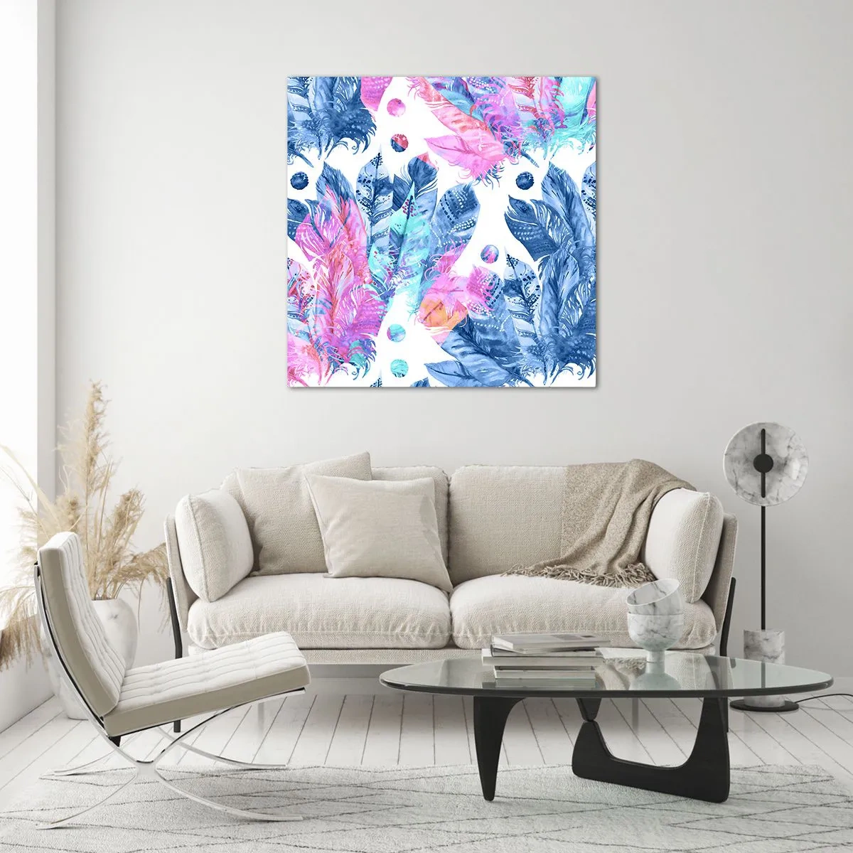 Impression sur verre - Image sur verre - Plumes en rose et bleu - 70x70 cm