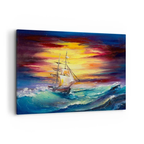 Impression sur toile - Image sur toile - Un voilier sur fond de coucher de soleil coloré - 120x80cm - Courageusement sous les vagues - Décoration murale moderne pour le salon et la chambre ARTTOR
