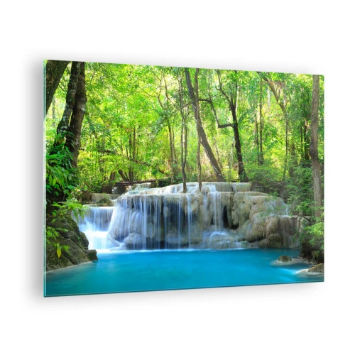 Impression sur verre - Image sur verre - Une cascade entourée d'arbres verts et d'eau bleue - 70x50cm - Se noyer dans le turquoise et le vert - Décoration murale moderne pour le salon et la chambre ARTTOR