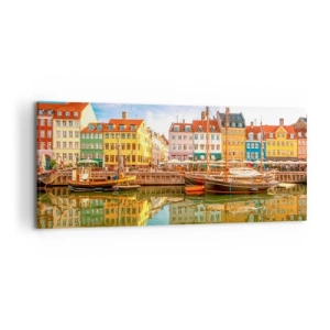 Impression sur toile - Image sur toile - Maisons colorées au bord des canaux de Copenhague - 120x50cm - Aussi lisse qu'un miroir au-dessus de l'eau - Décoration murale moderne pour le salon et la chambre ARTTOR