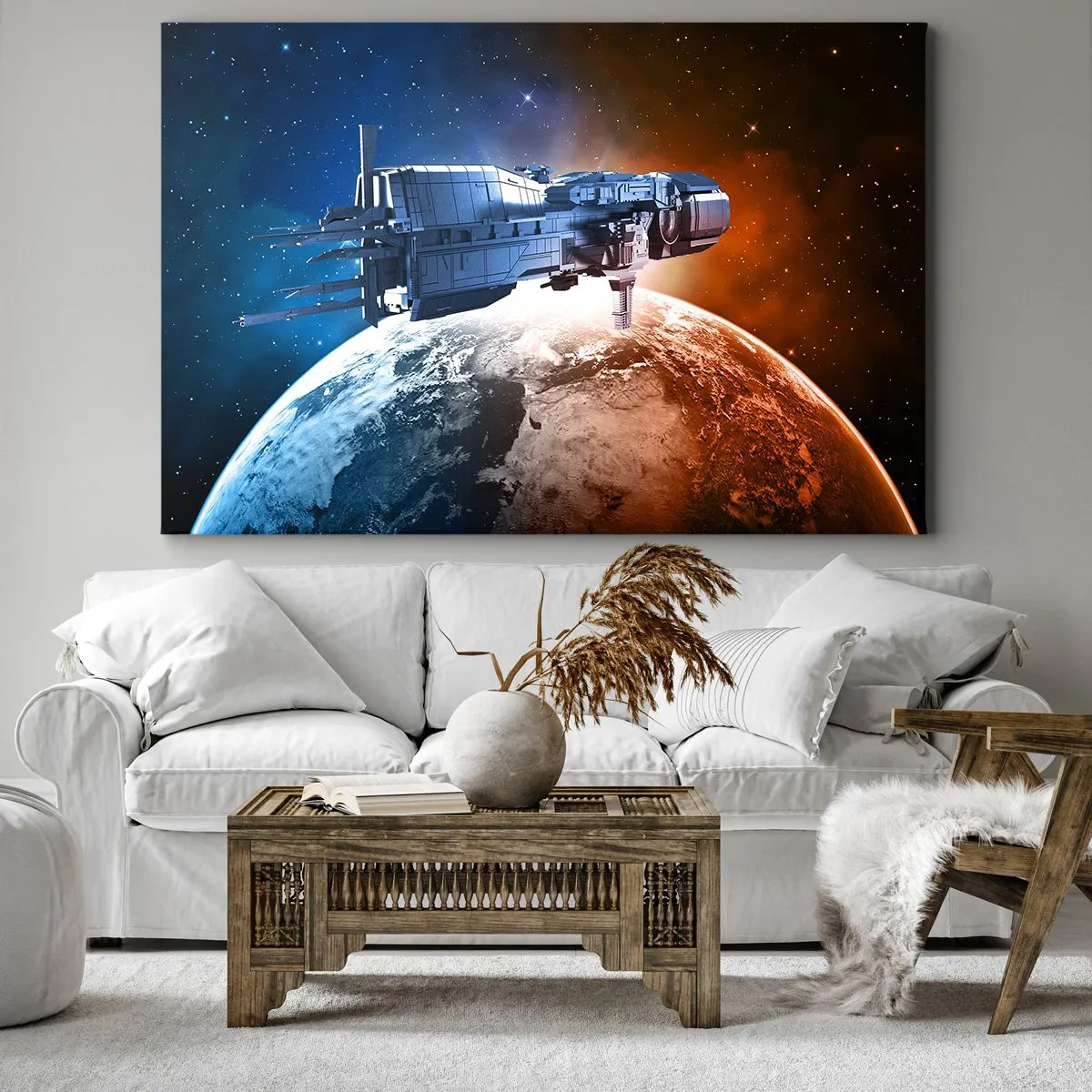 Impression sur toile - Image sur toile - Un vaisseau spatial avec en arrière-plan une planète dans l'espace - 70x50cm - Un observateur attentif - Décoration murale moderne pour le salon et la chambre ARTTOR