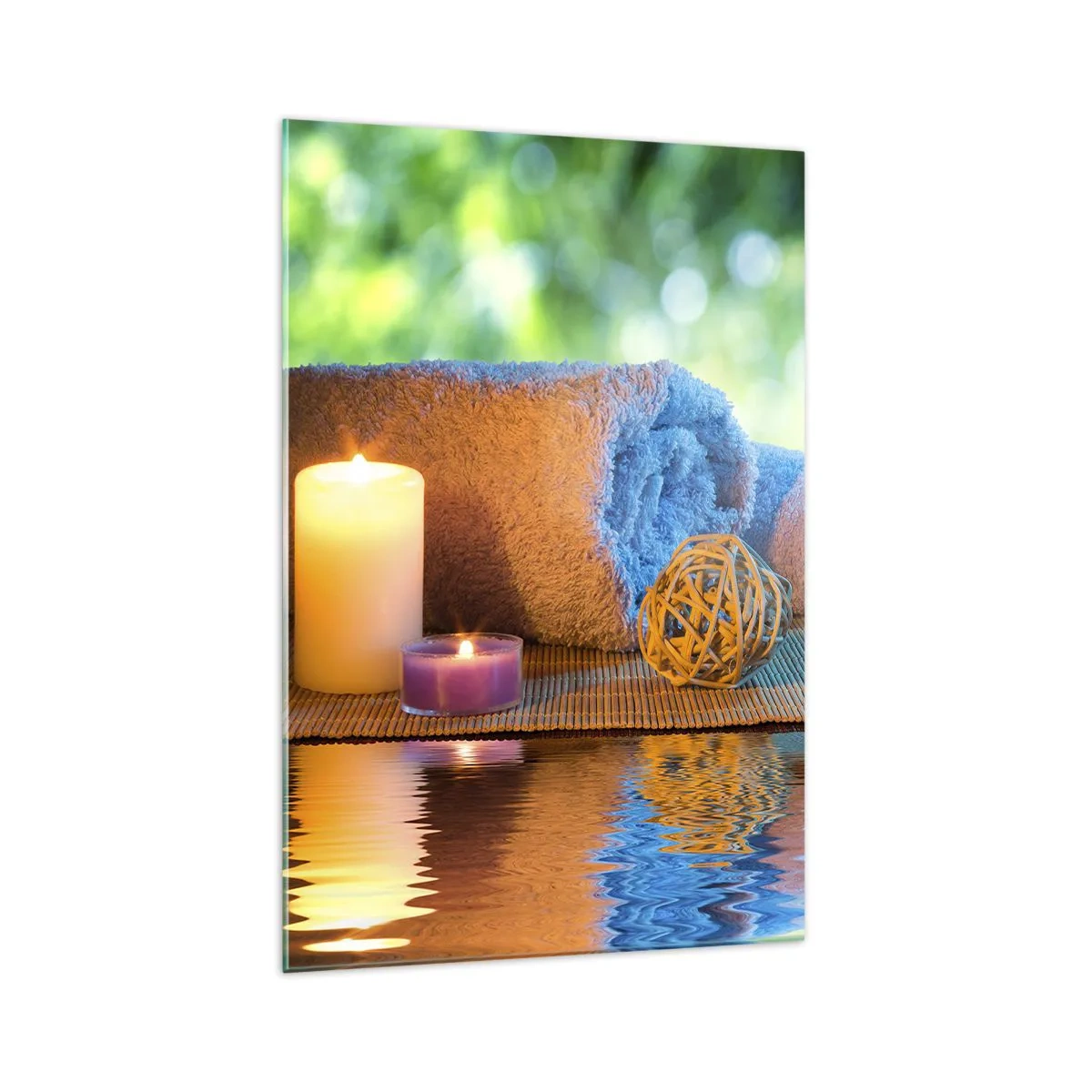 Impression sur verre - Image sur verre - Ensemble SPA relaxant avec serviettes, bougies et pierres - 70x100cm - Temps pour le corps - Décoration murale moderne pour le salon et la chambre ARTTOR